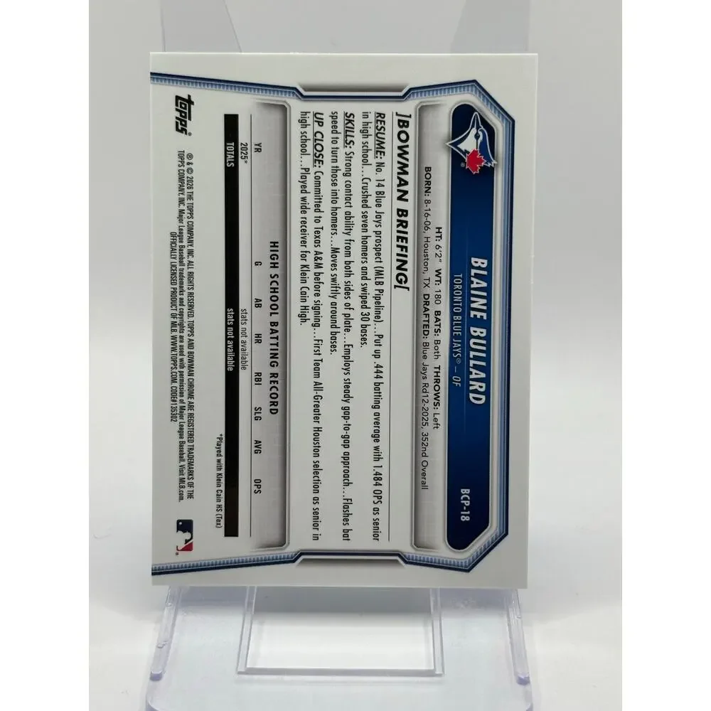 2026 Bowman Sapphire Blaine Bullard 1st Chrome Prospect Toronto Blue Jays